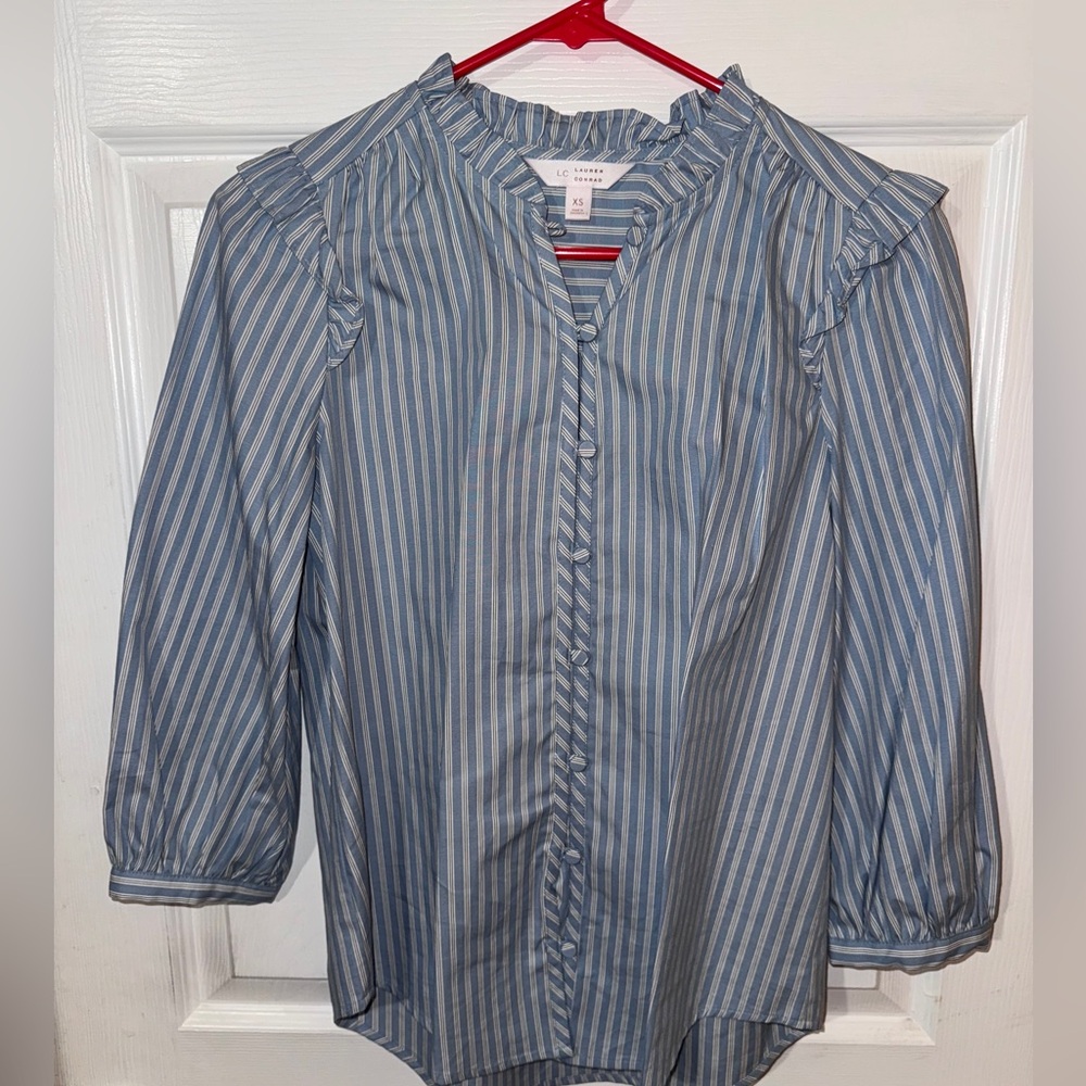 LC Lauren Conrad Blue and White Ruffle Blouse